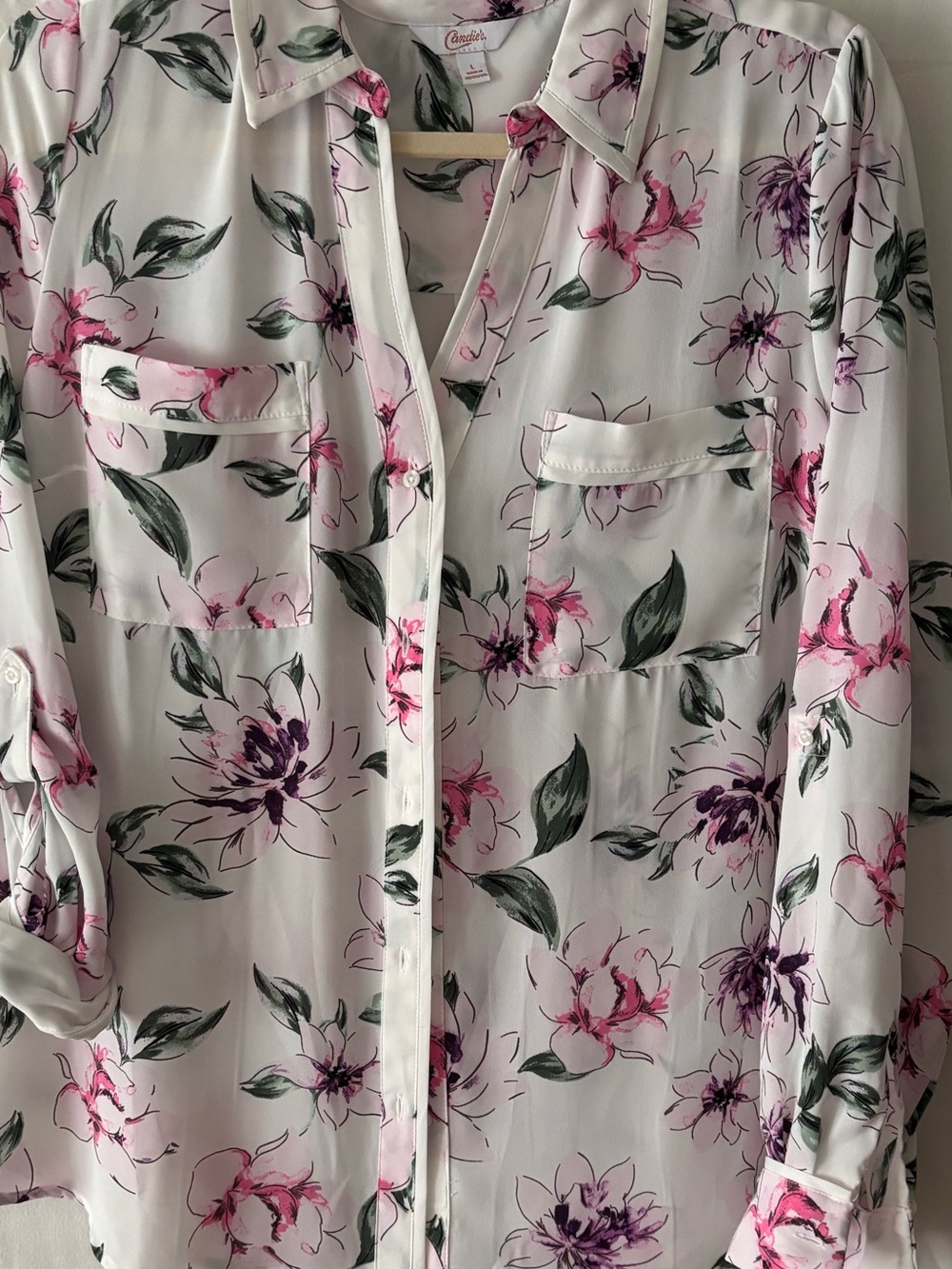 Candie's White Button-Down Shirt with Pink & Purple Floral Print